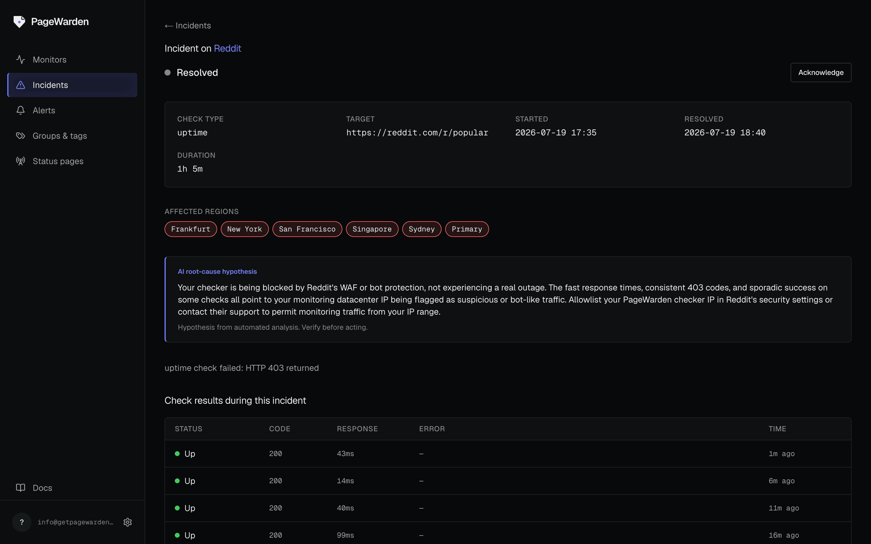PageWarden incident detail showing an ongoing outage with the affected regions, an AI root-cause hypothesis, and the recent check results that failed.